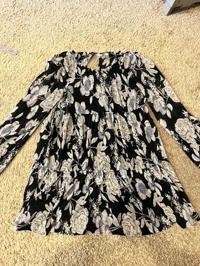 Addie Black Floral Long Sleeve Tiered Mini Dress Size S